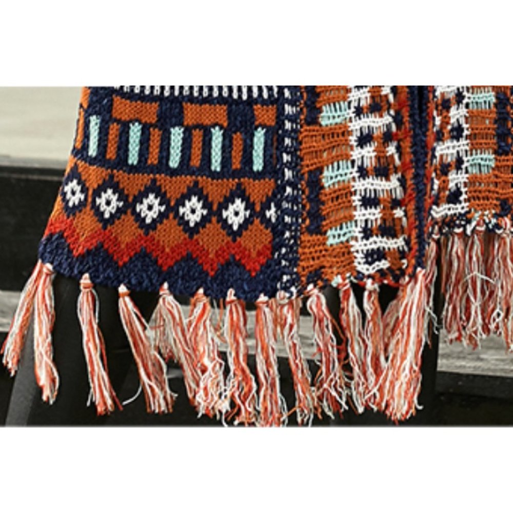 Navy Blue Multicolor Aztec Tribal Print Knit Long Cardigan Duster Kimono Sweater - Picture 6 of 8